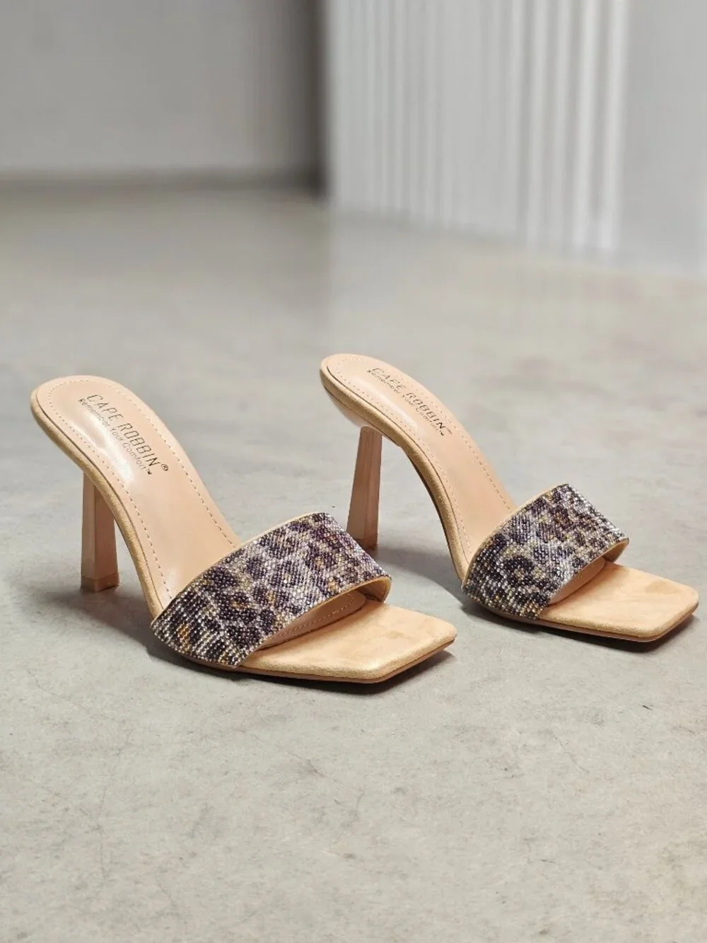 Beaded Leopard Print Square-Toe Open Heels With Stiletto Heel Design
